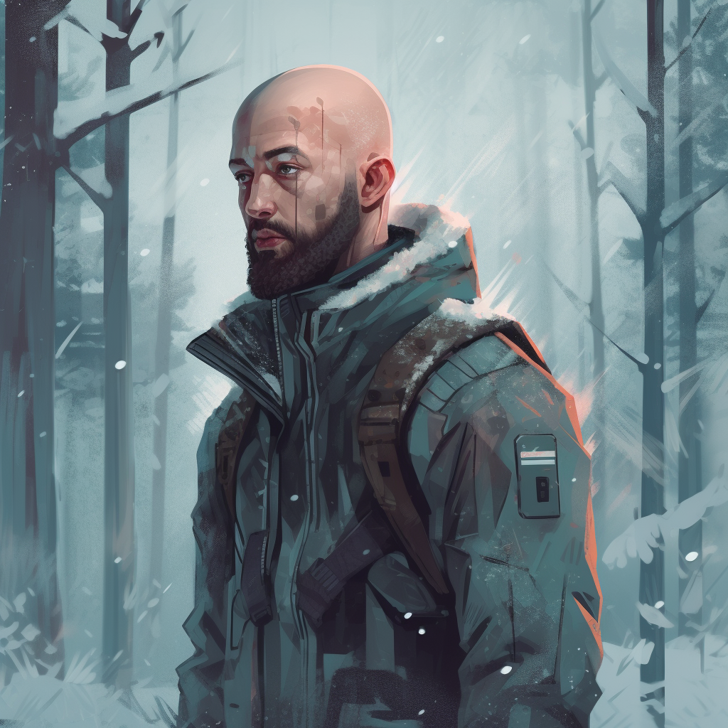 Tough futuristic hunter in snow-covered forest