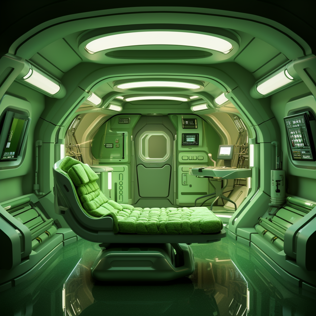 Futuristic space station cabin with green hues