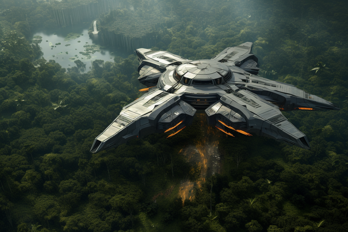 Futuristic Spaceship in Jungle Takeoff