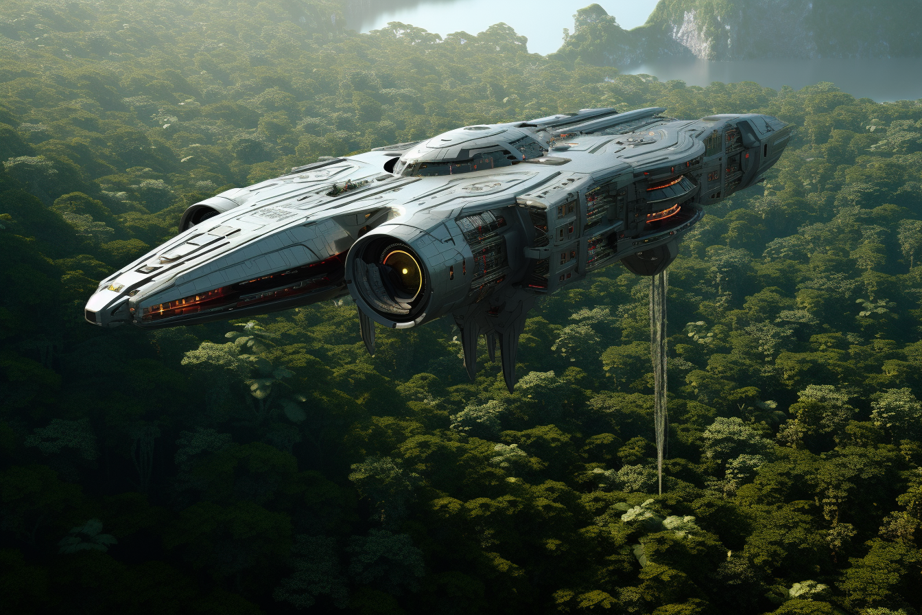 Spaceship taking off from jungle