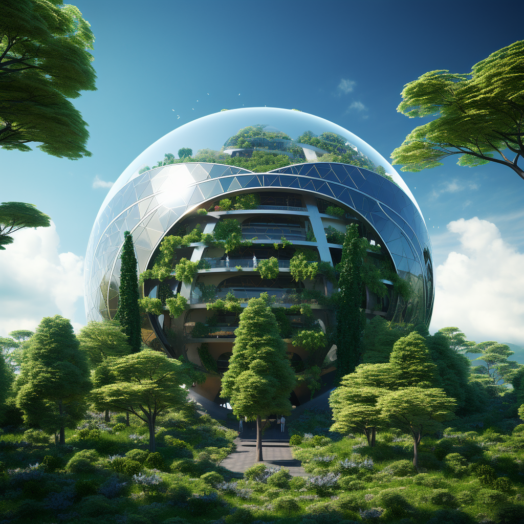 Futuristic spherical building with open roof and vegetation