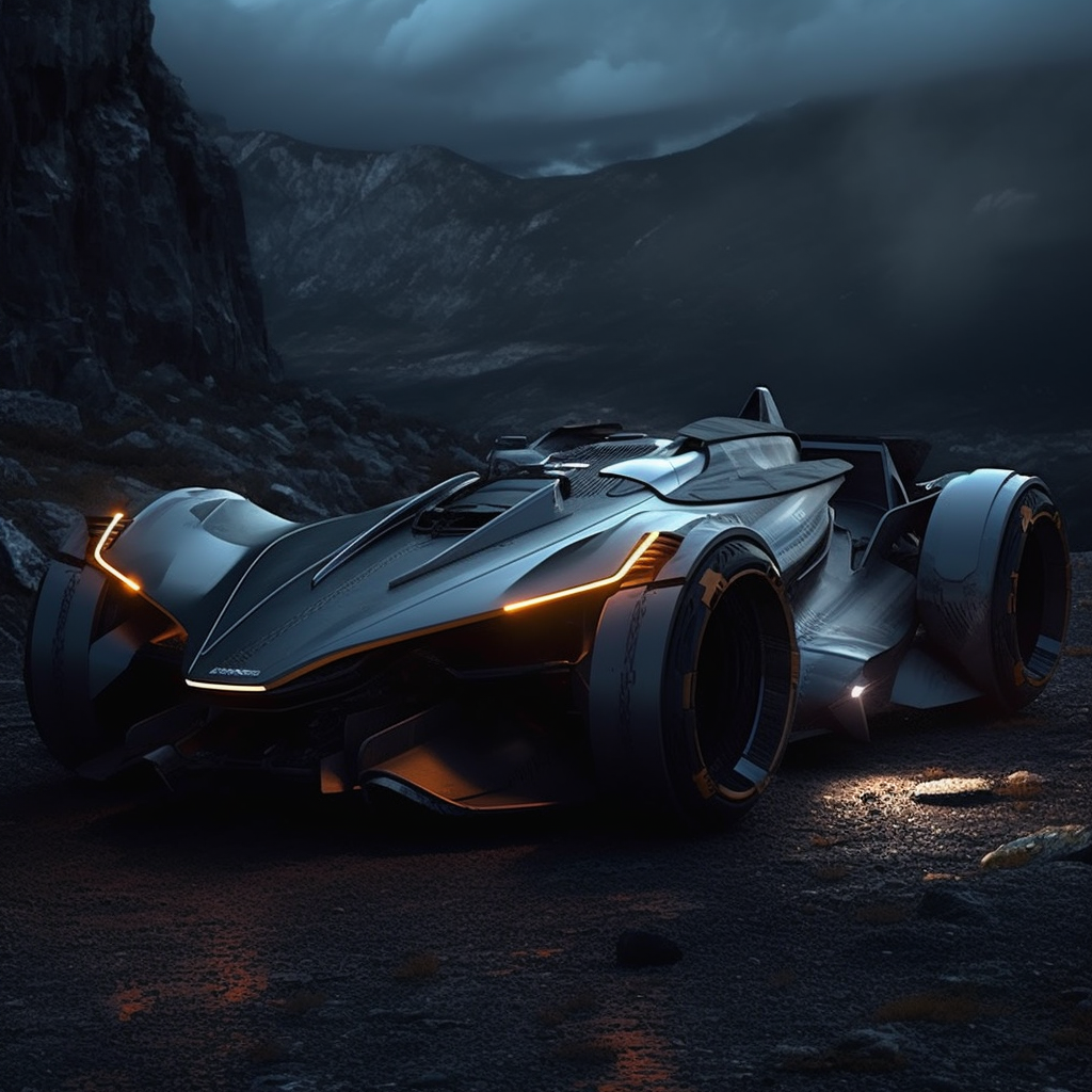 Metallic gray futuristic race car on mountain road