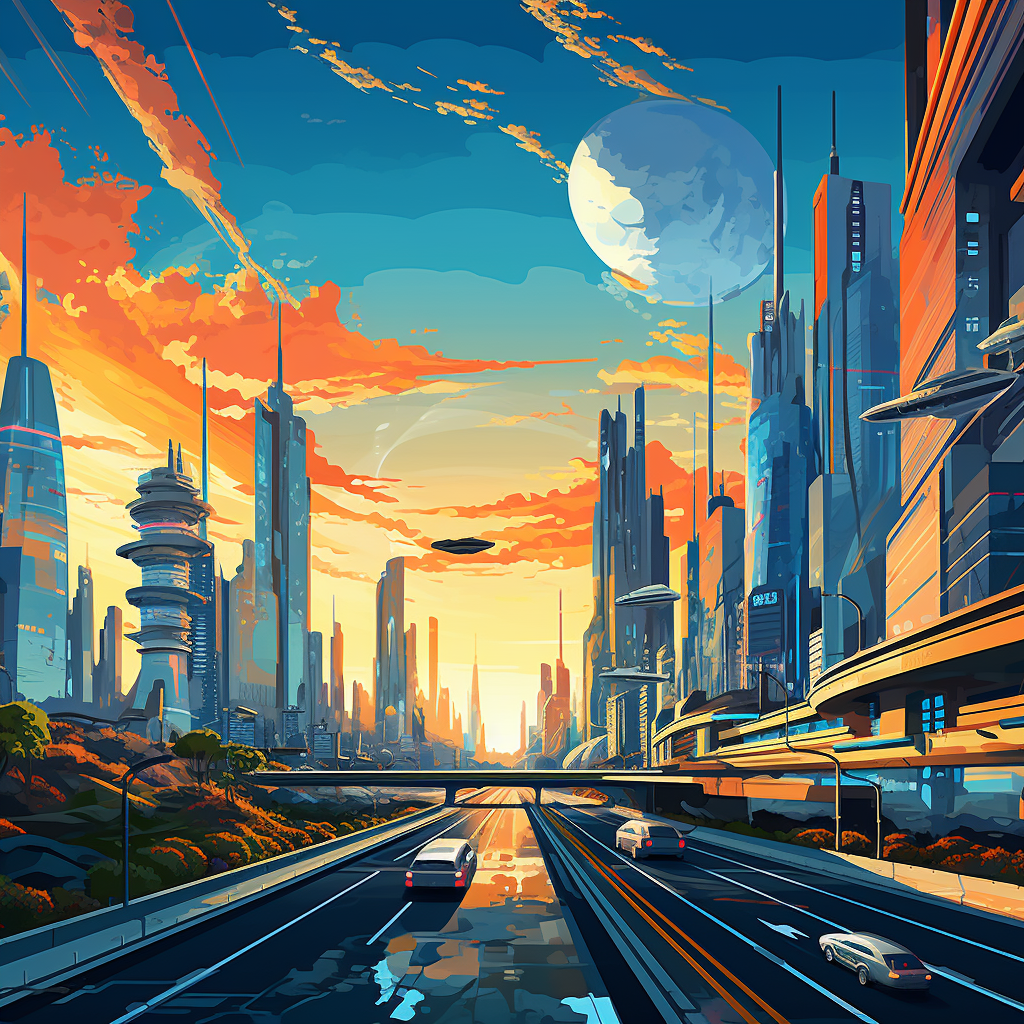 Vibrant futuristic city landscape in Syd Mead style