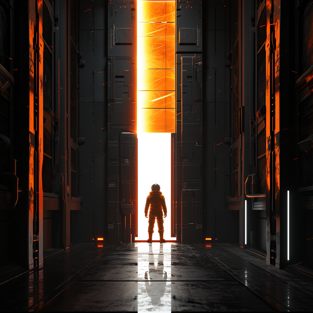 Man in Futuristic Clothing at Door with Glowing Orange Light