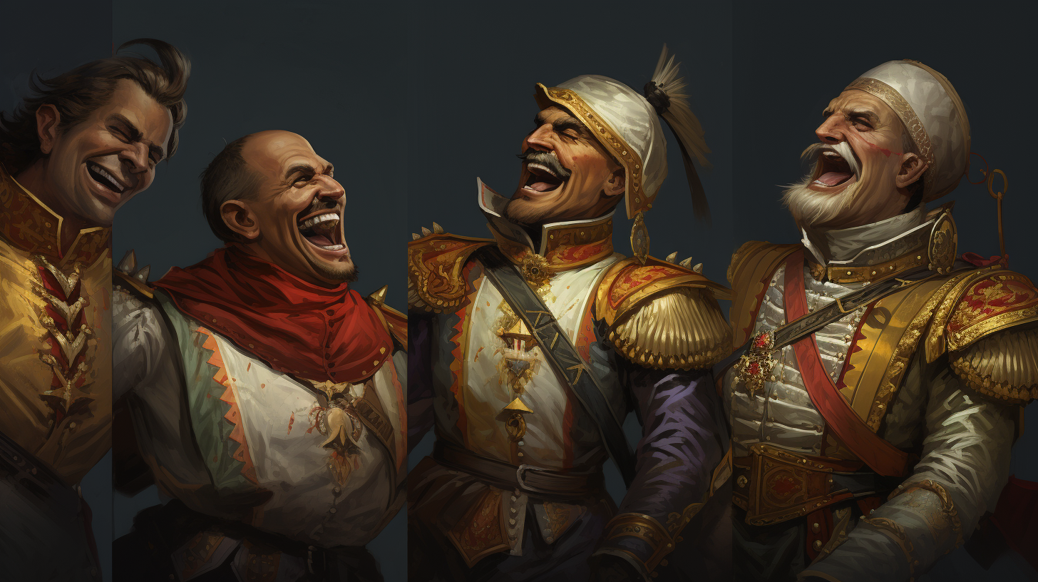 Futuristic tank commanders laughing in stylized fashion