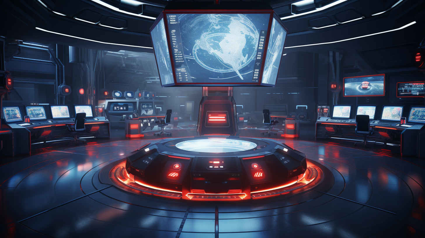 Futuristic teleportation port command center with 3D terminals and robots