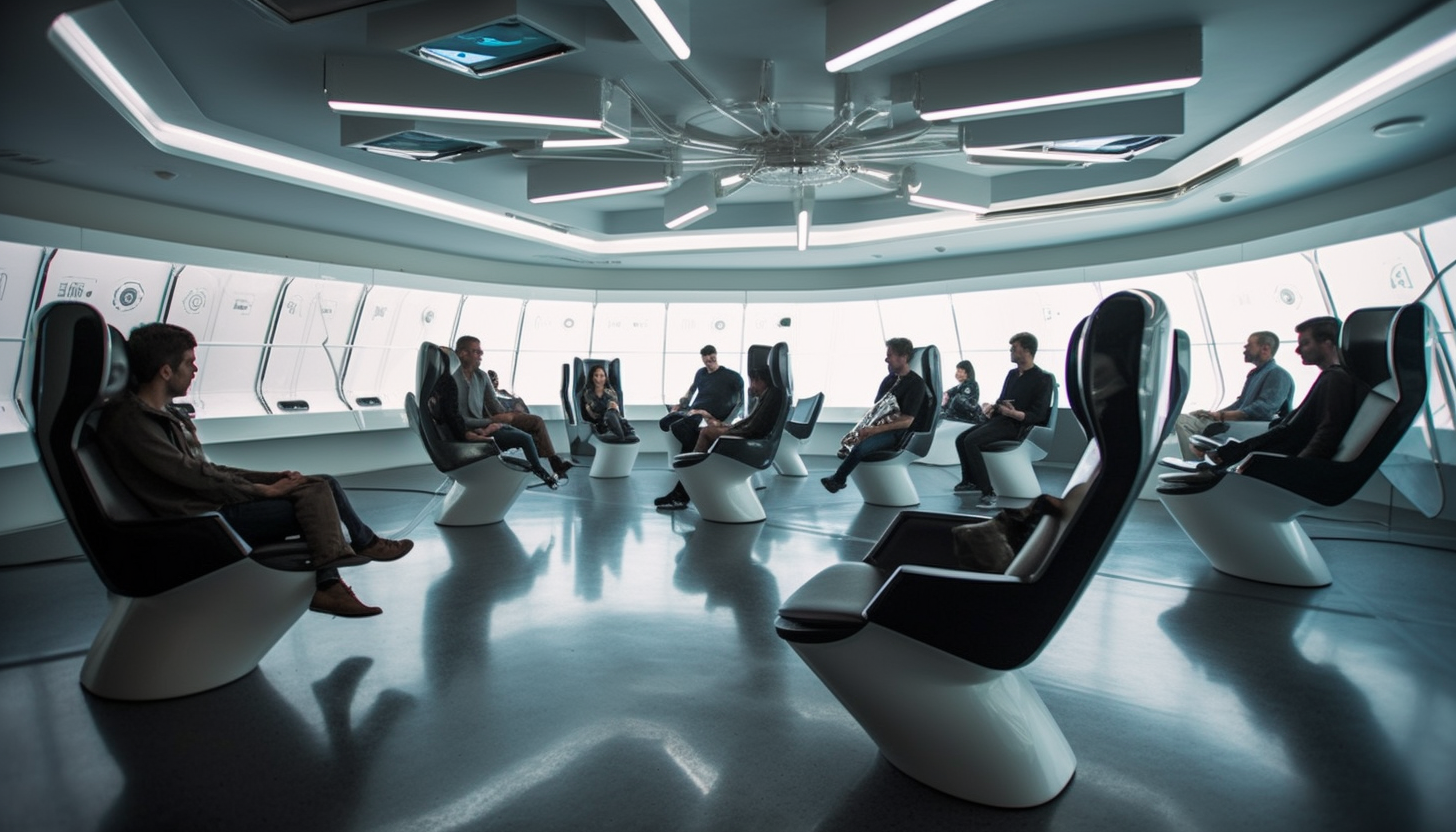 Futuristic time travel chairs in a modern room