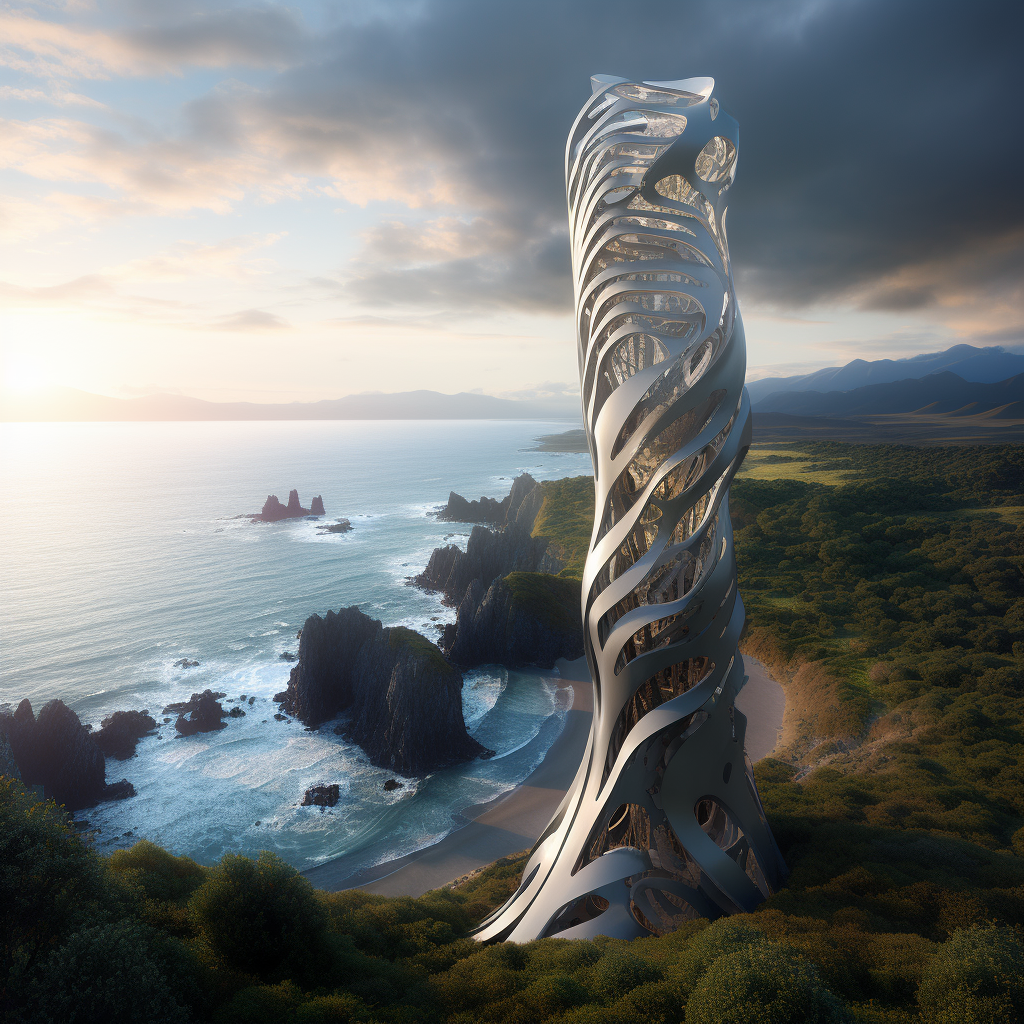 Futuristic tower construction on cliff by the ocean