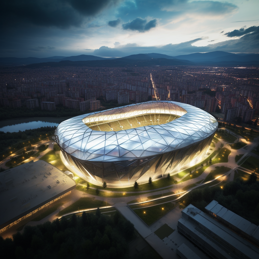 Aerial shot of futuristic Turin Italy World Cup Stadium