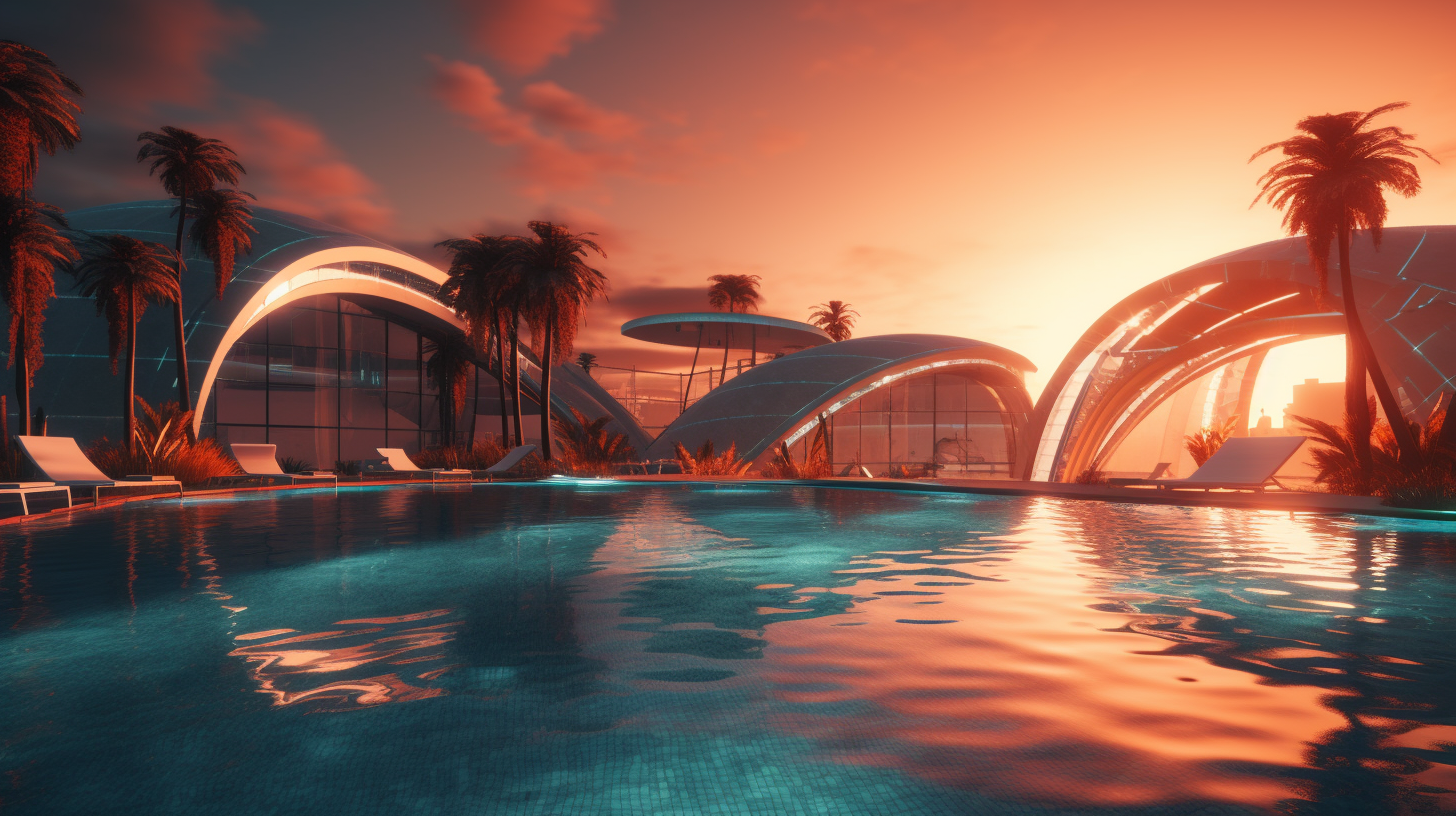 A Cyberpunk Sunset at the Futuristic Virtual Swimming Pool