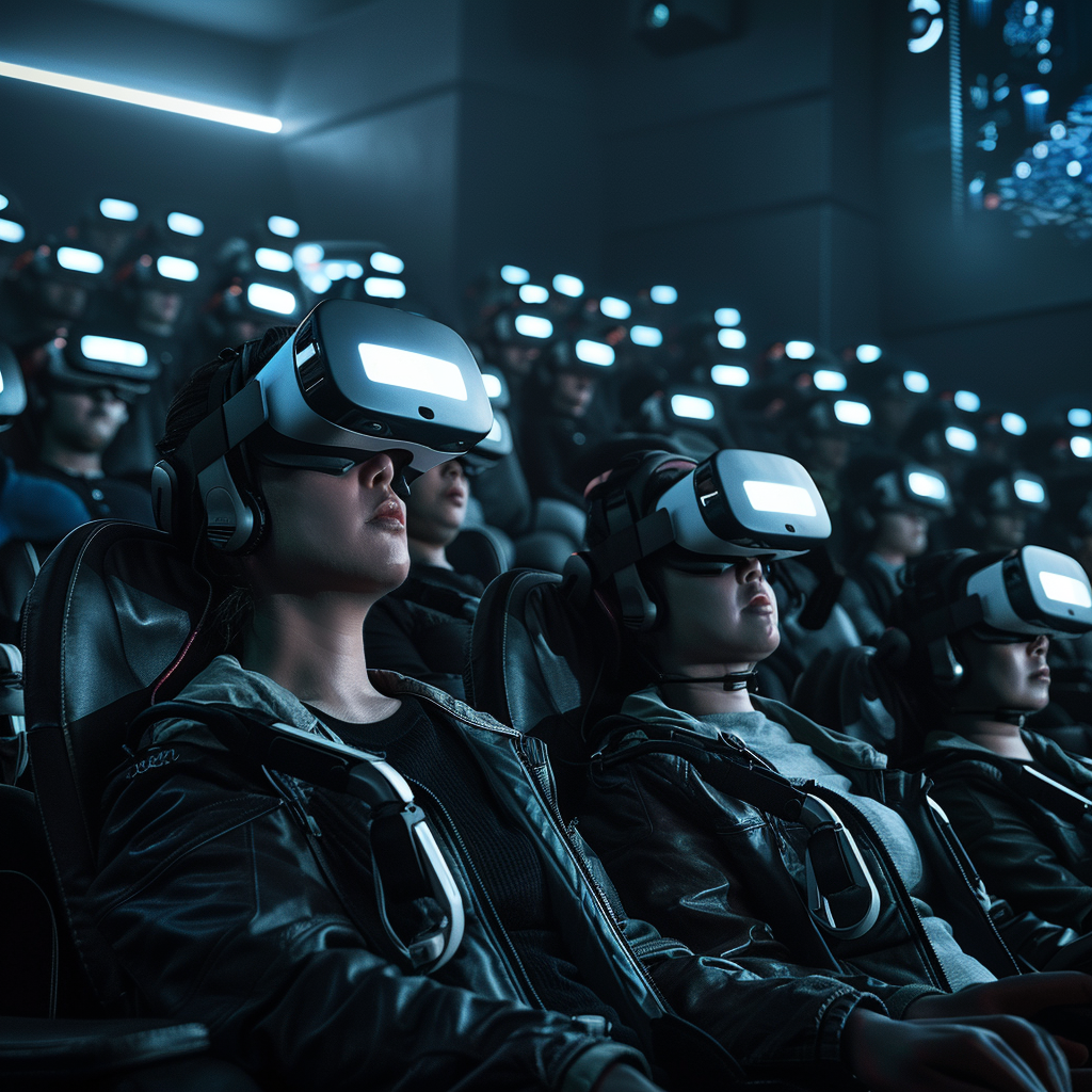 Futuristic VR theater crowd scene