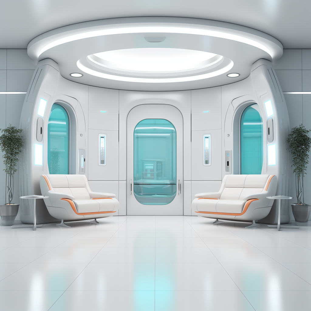 Futuristic waiting room with two doors