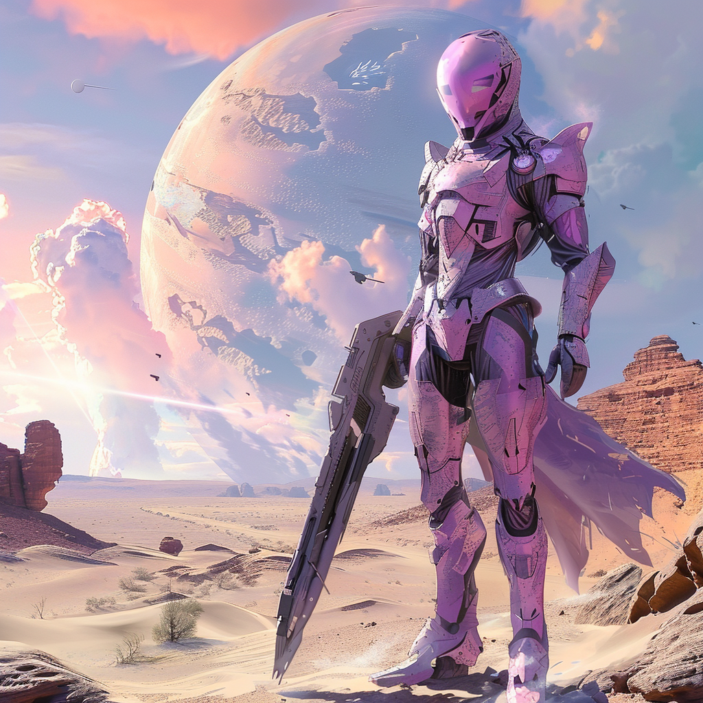 Futuristic purple warrior in desert