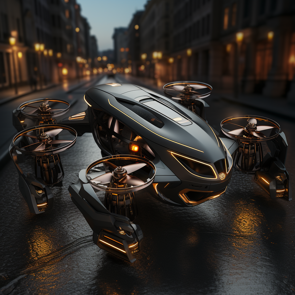 Image of futuristic warrior drone in dark modern city