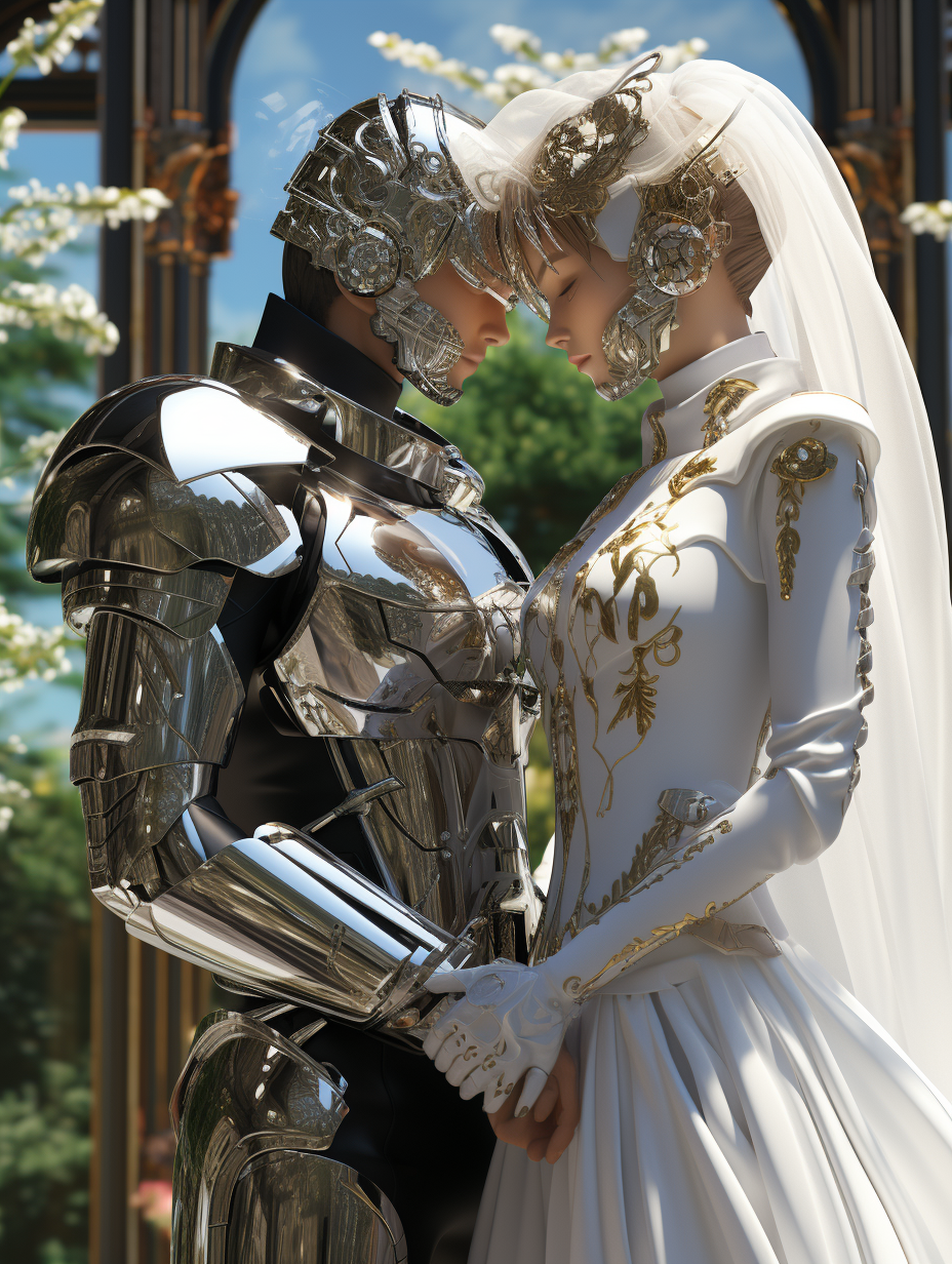 Intelligent man and human getting married in futuristic glamour