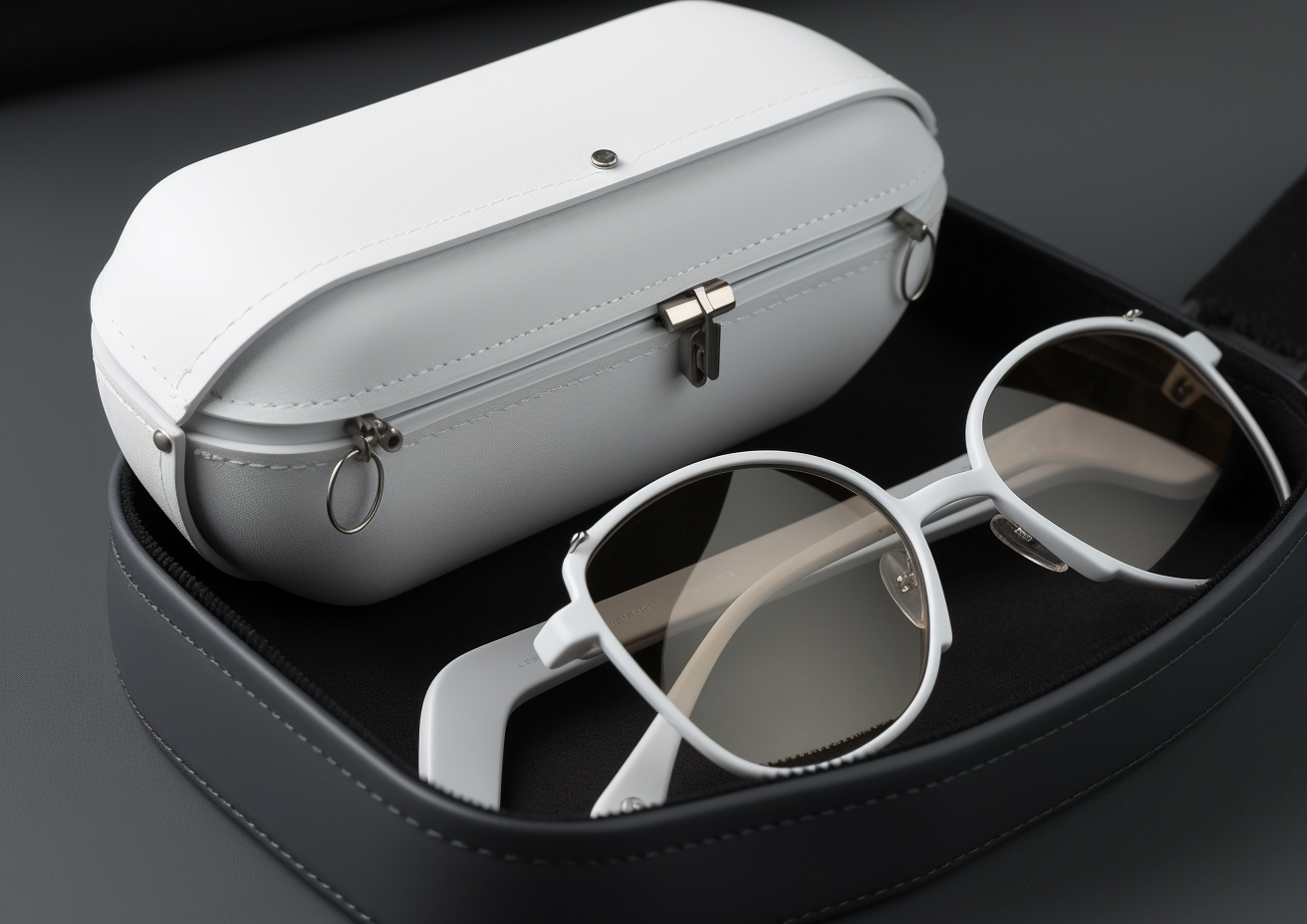 Elegant white glasses case with futuristic details