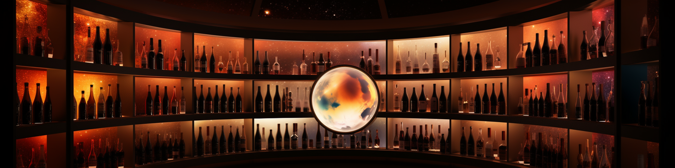 Futuristic wine cellar with window displaying planets and galaxies