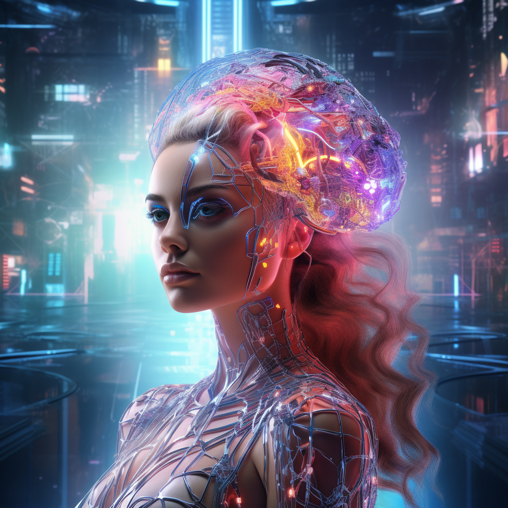 Futuristic woman with artificial humanoid brain in dynamic environment