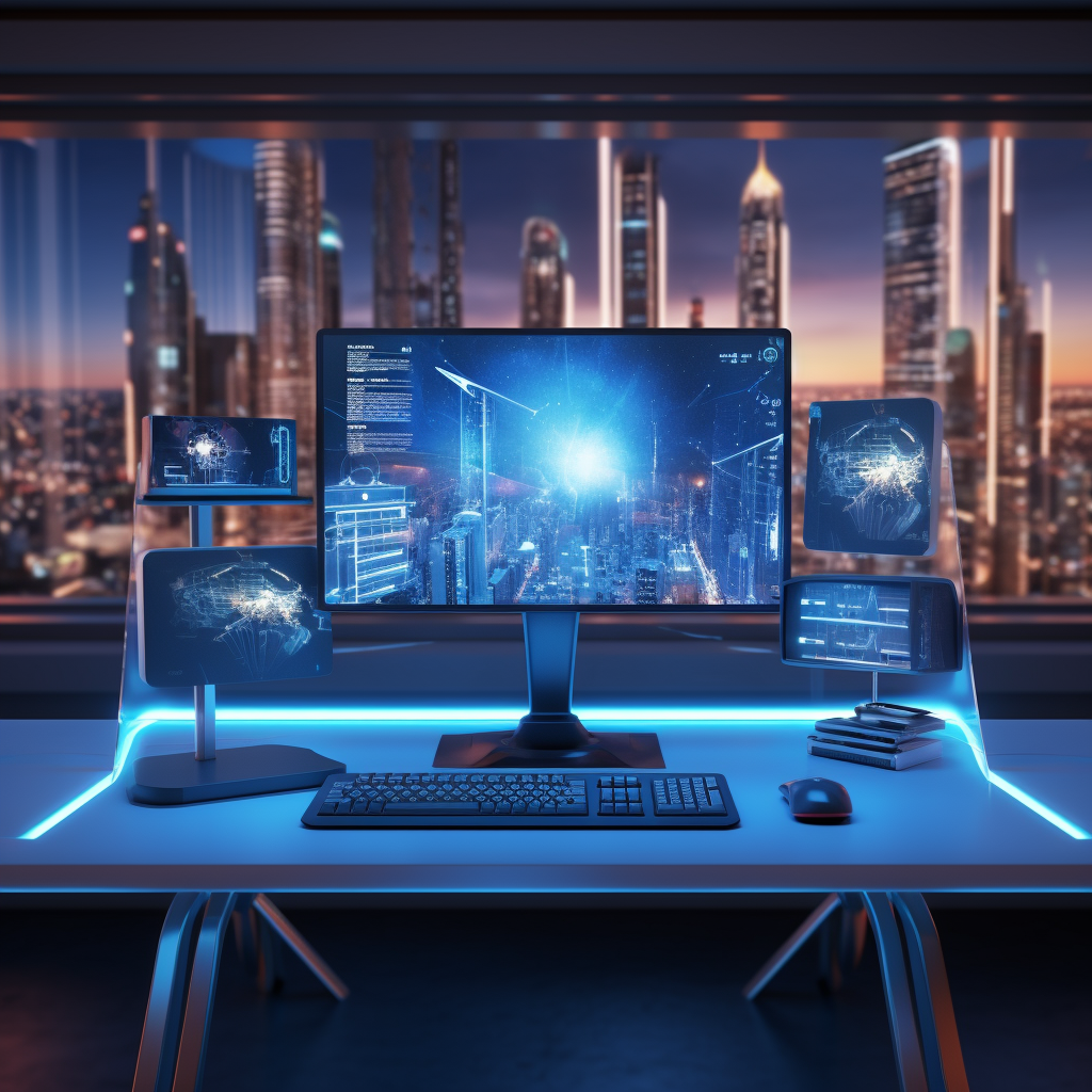 Futuristic workspace with computer screen showing progressbar