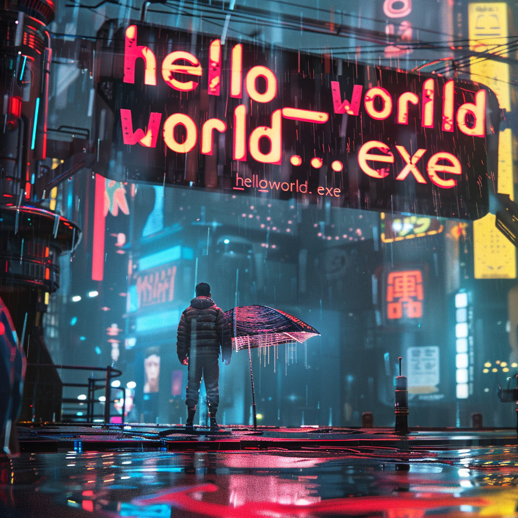 Person under hello_world.exe holographic sign