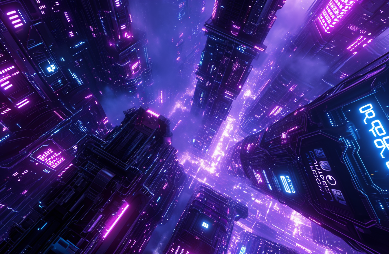 Futuristic 3D city with neon lights and computers