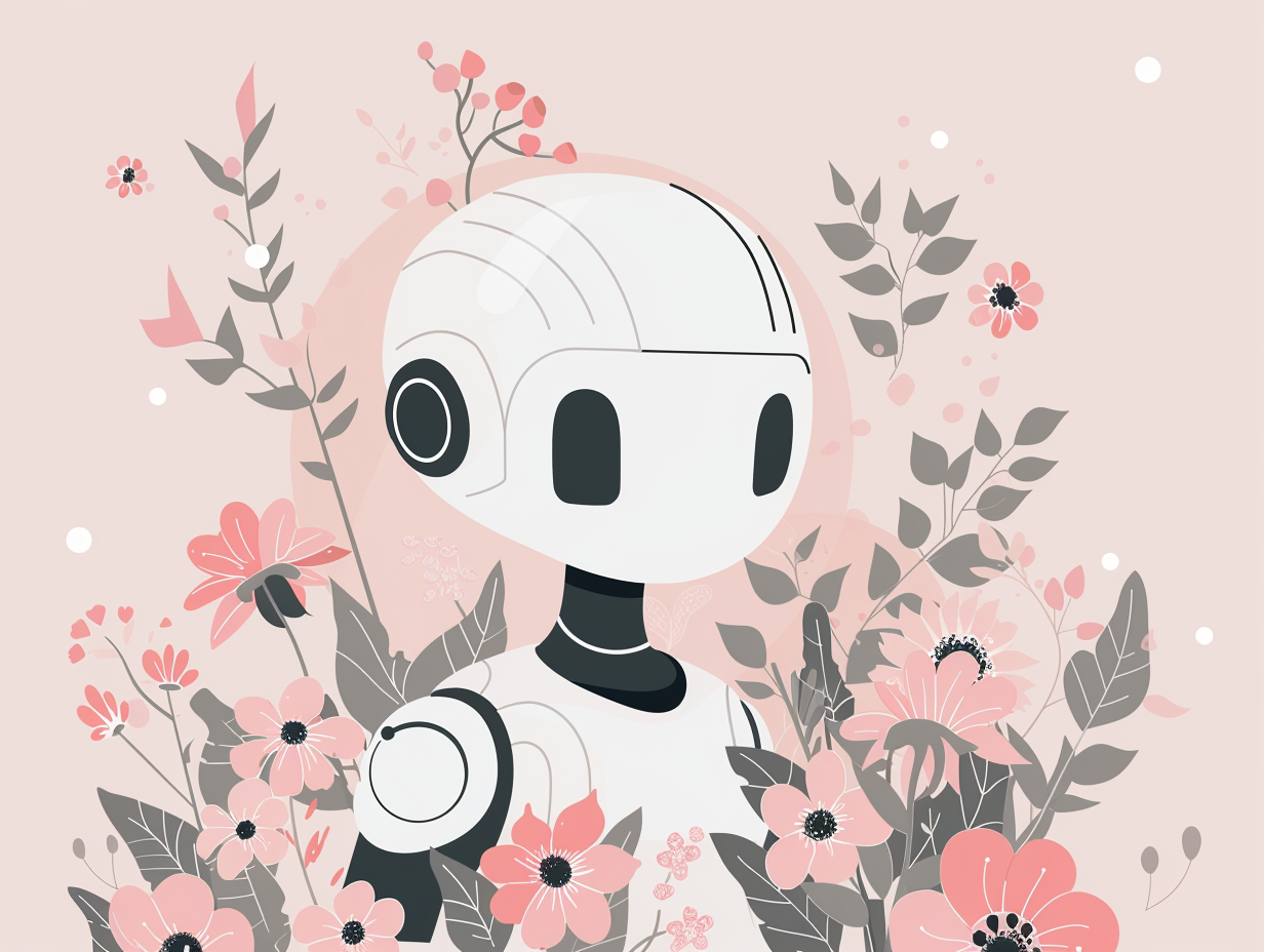 Minimalistic futuristic AI bot with flowers