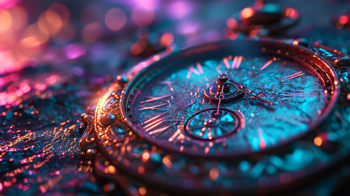 Futuristic steampunk-style analog clock on neon background