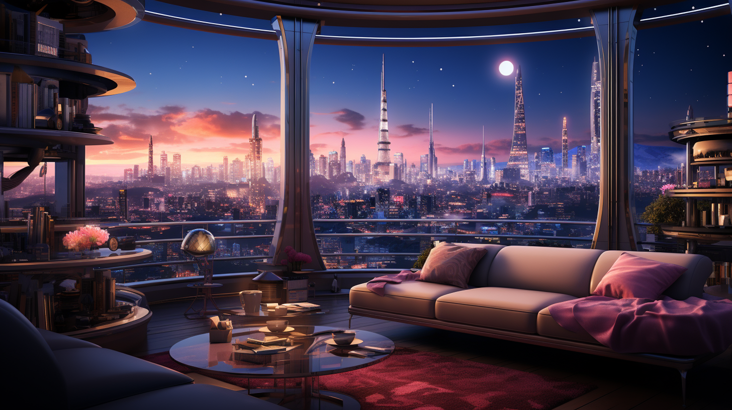 Futuristic apartment with cosmos, skyscrapers, and rain