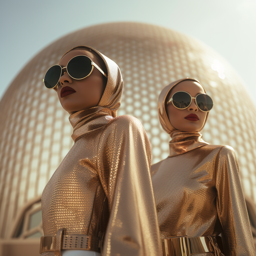 Minimal Futuristic Muslim Costumes with Golden AR Glasses