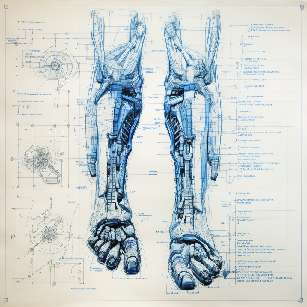 Futuristic architectural anatomical cyber foot diagram