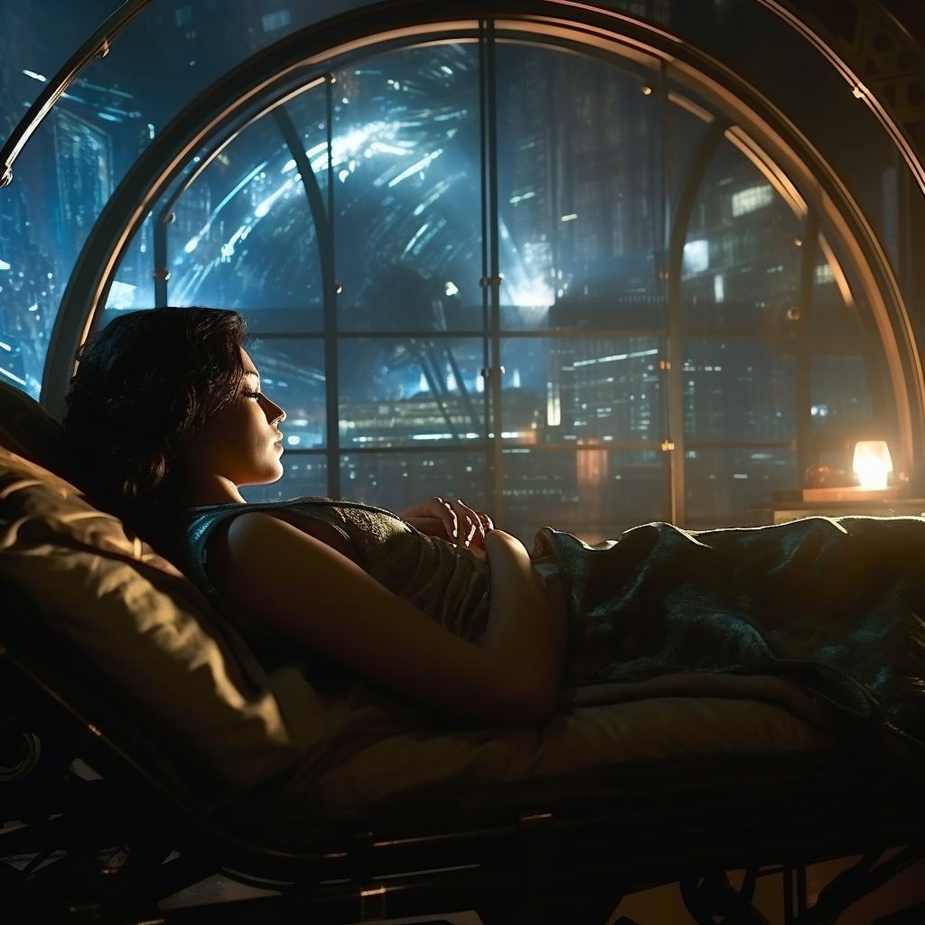 Woman lying on futuristic bed with arched back