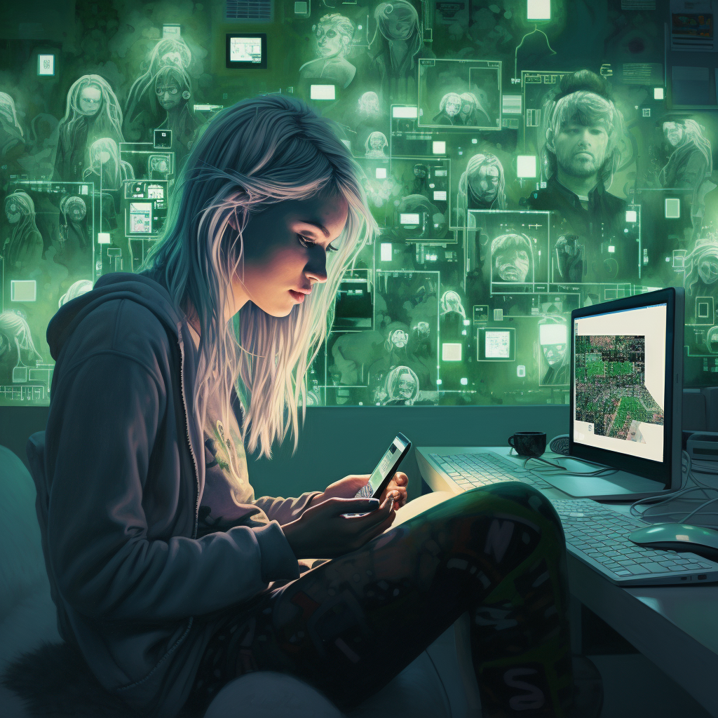 Futuristic bedroom with green-haired girl stretching