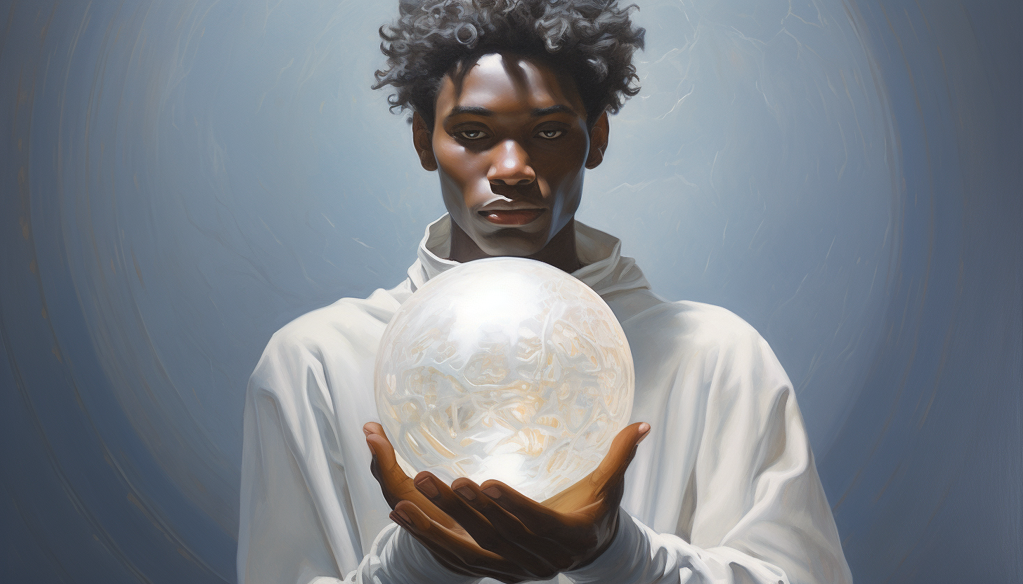 Futuristic being holding planet in oil painting style