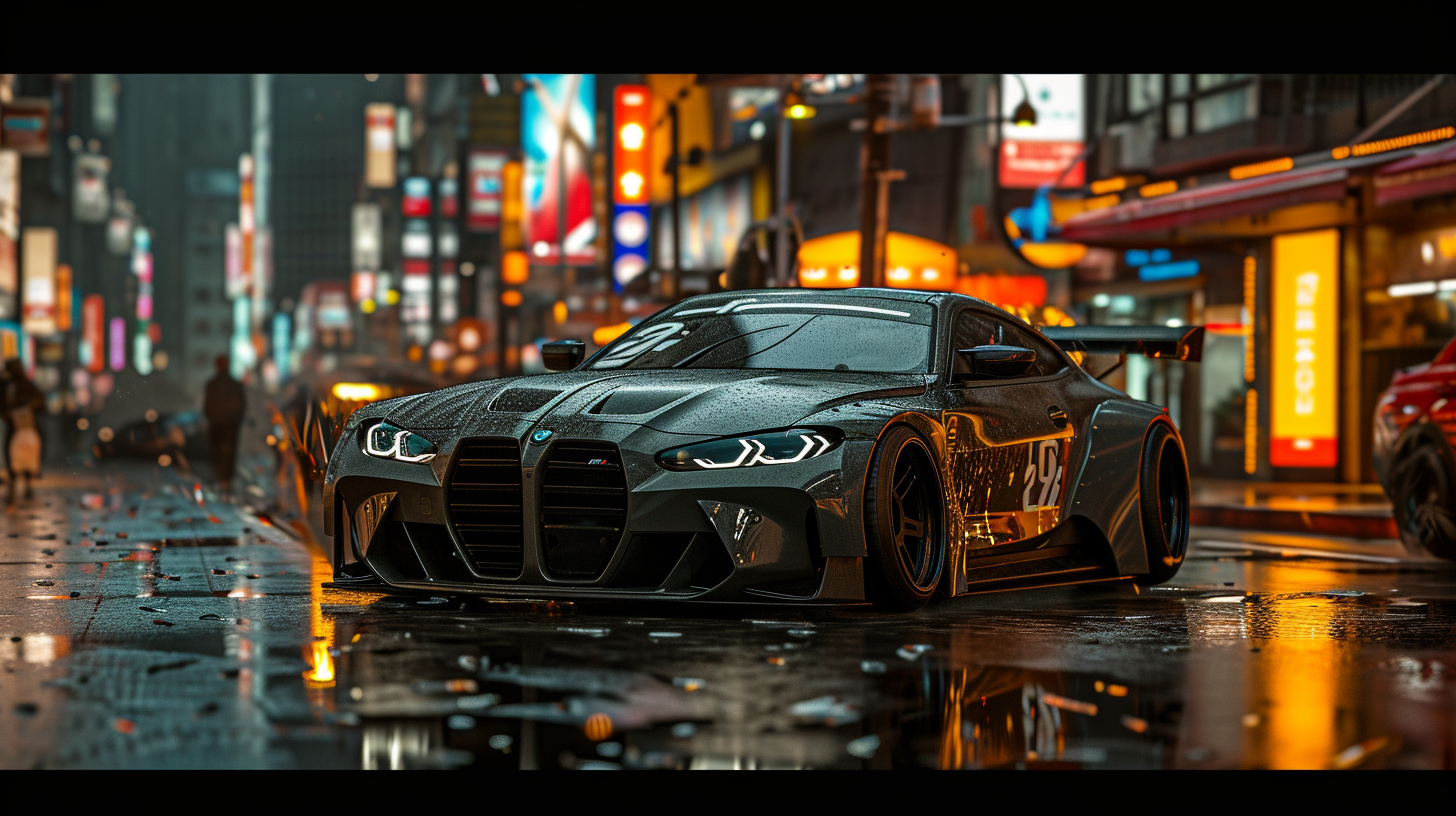 Futuristic black widebody sleek supercar in Tokyo city