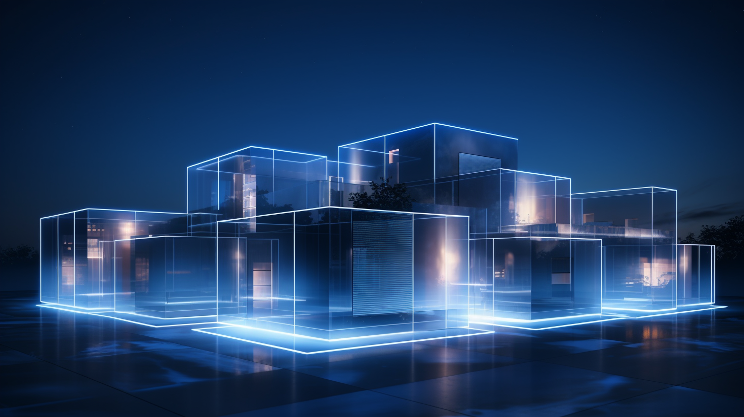 Futuristic box shape houses with blue lighting