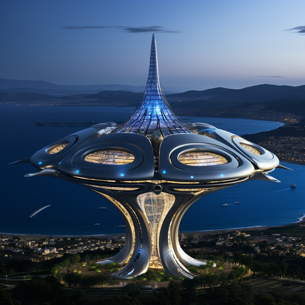 Futuristic building overlooking port city