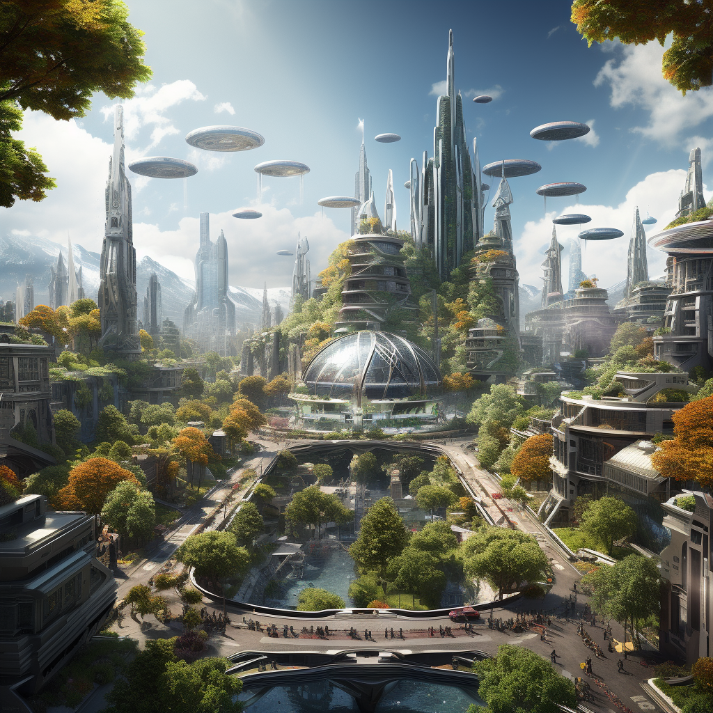 City with flying cars and futuristic buildings