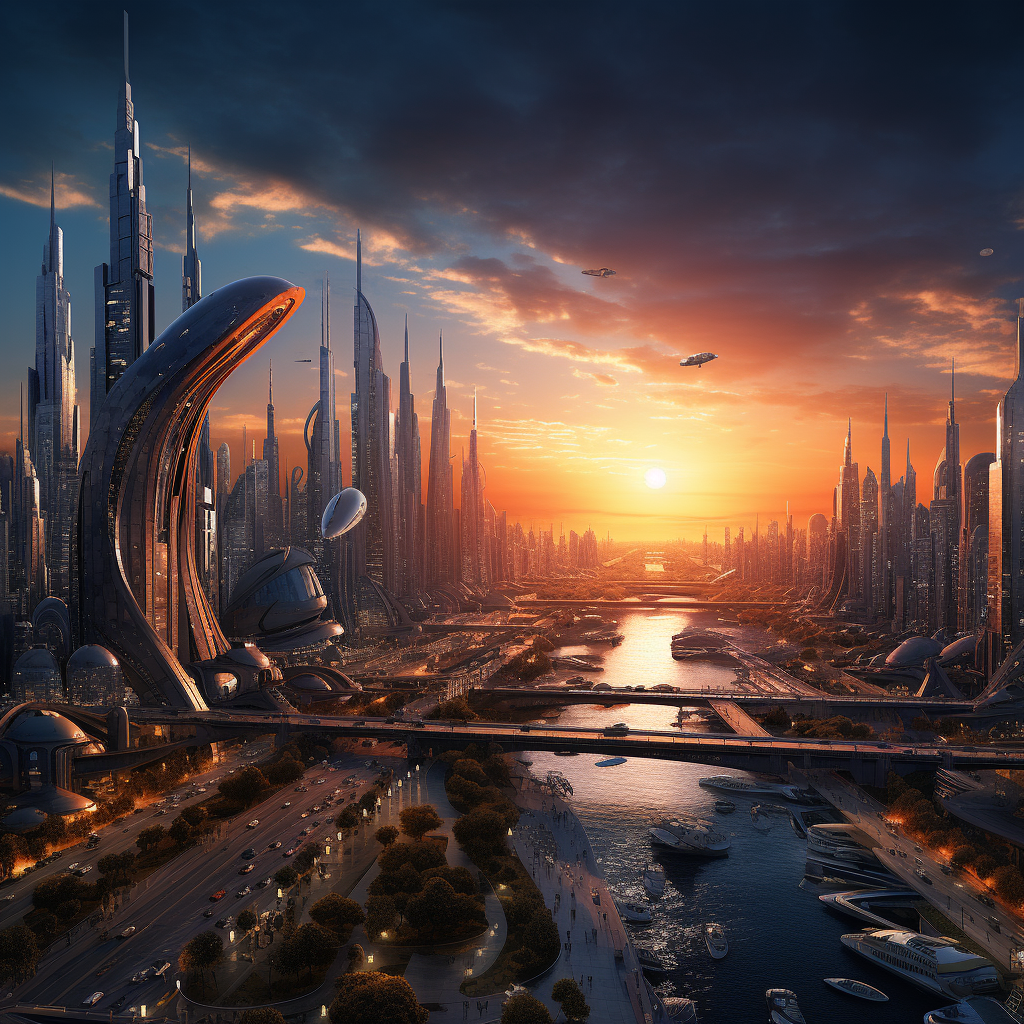 Hyper-realistic futuristic cityscape at sunset