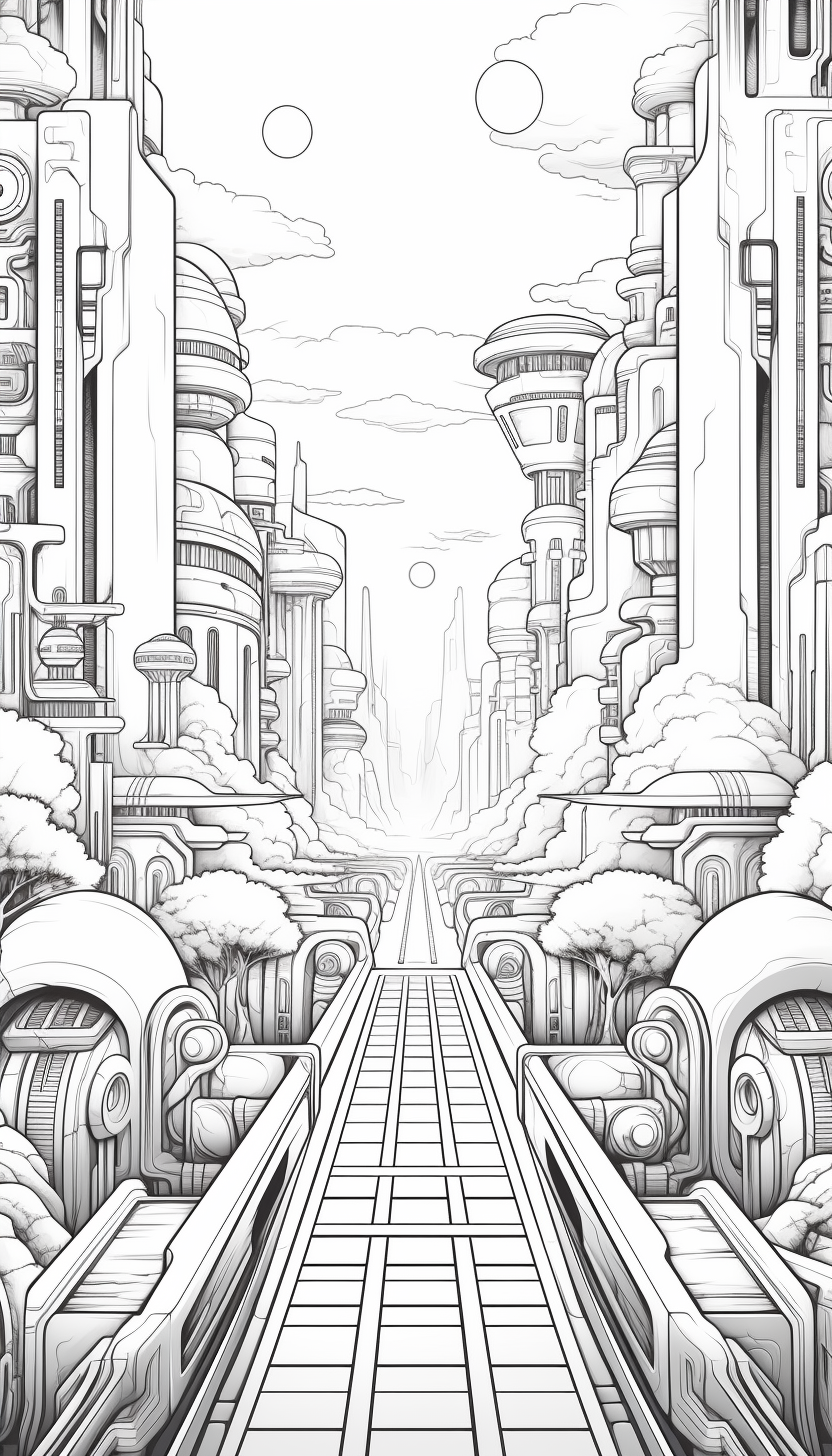 Grayscale coloring page of futuristic city