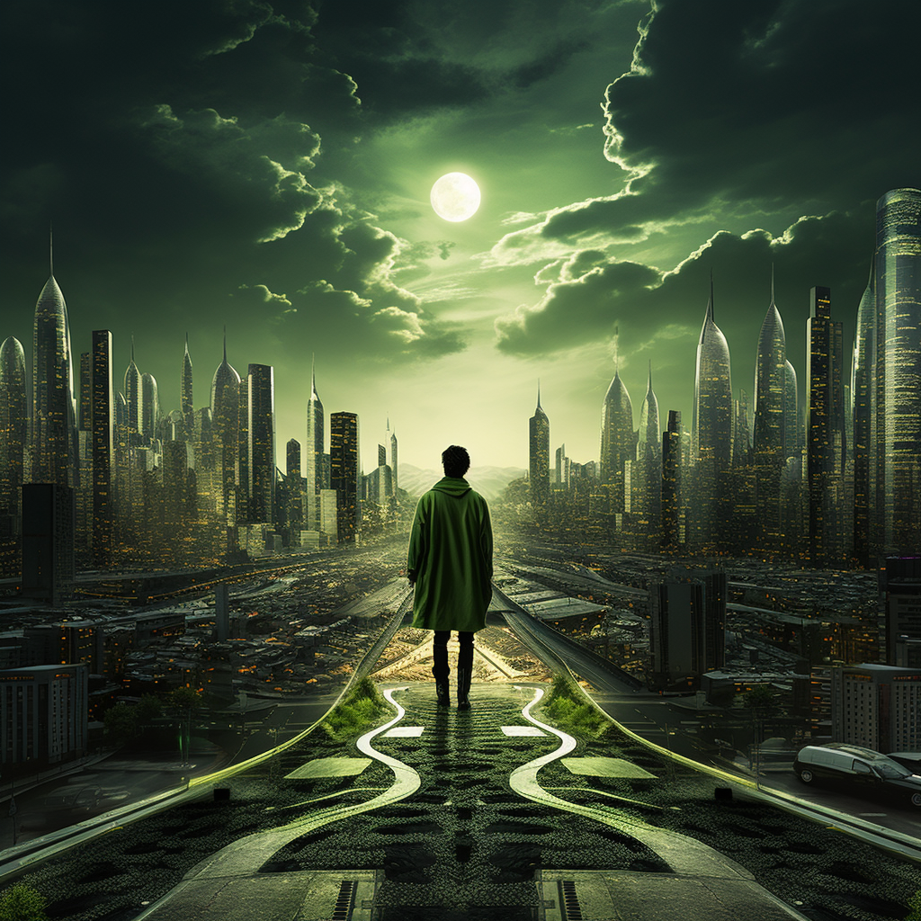 Man watching dawn in futuristic city