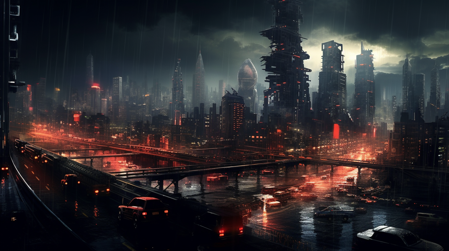 Blade Runner-like city at night with heavy aircar traffic