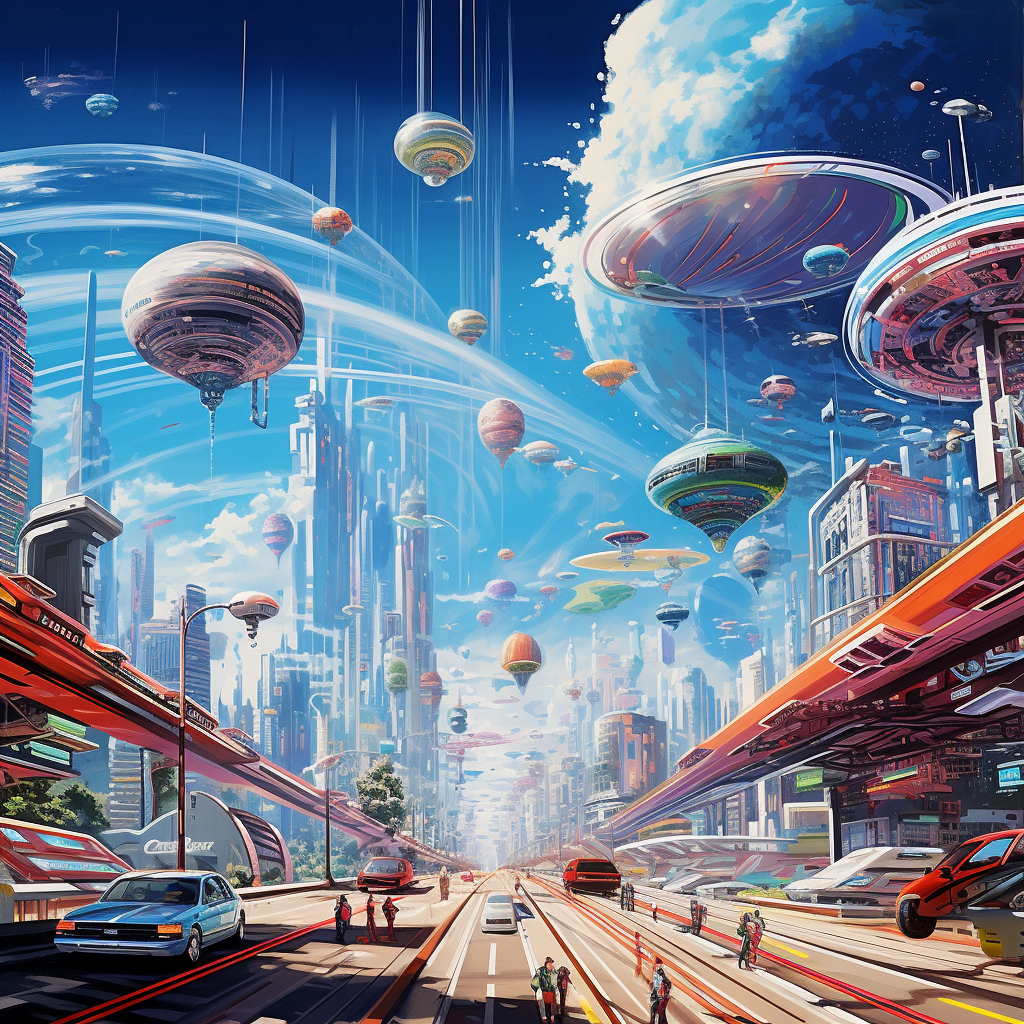 Futuristic city roads with flying cars