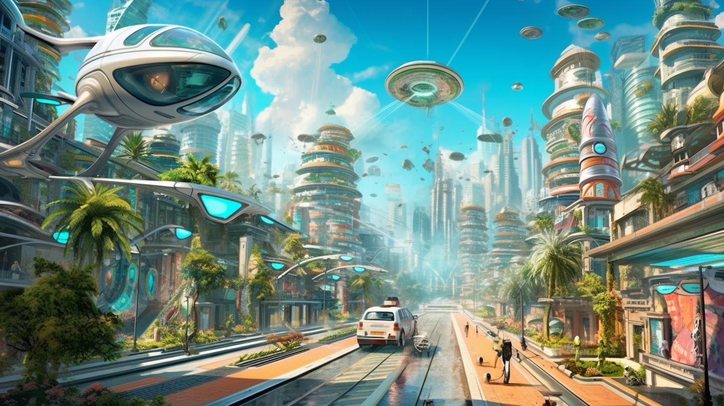 Futuristic city with flying cars