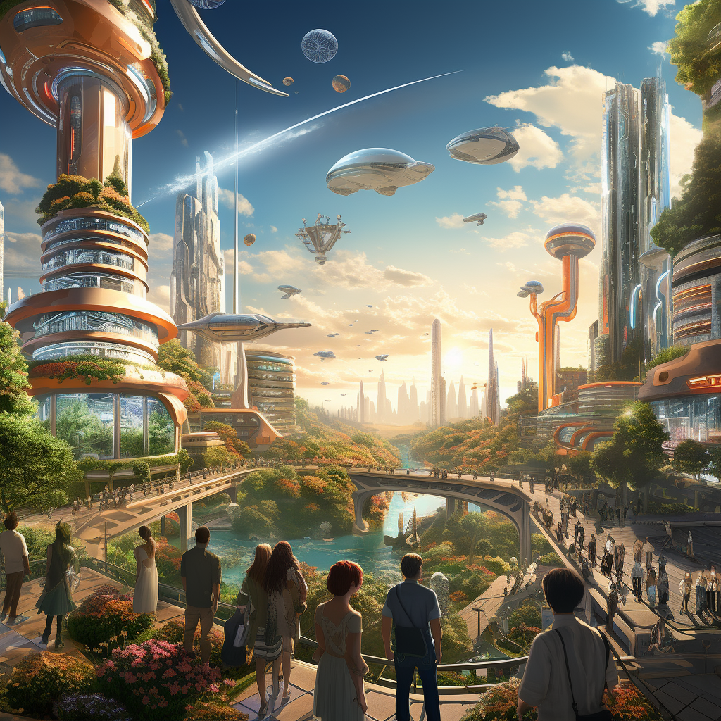 Illustration of futuristic city with AGI interaction