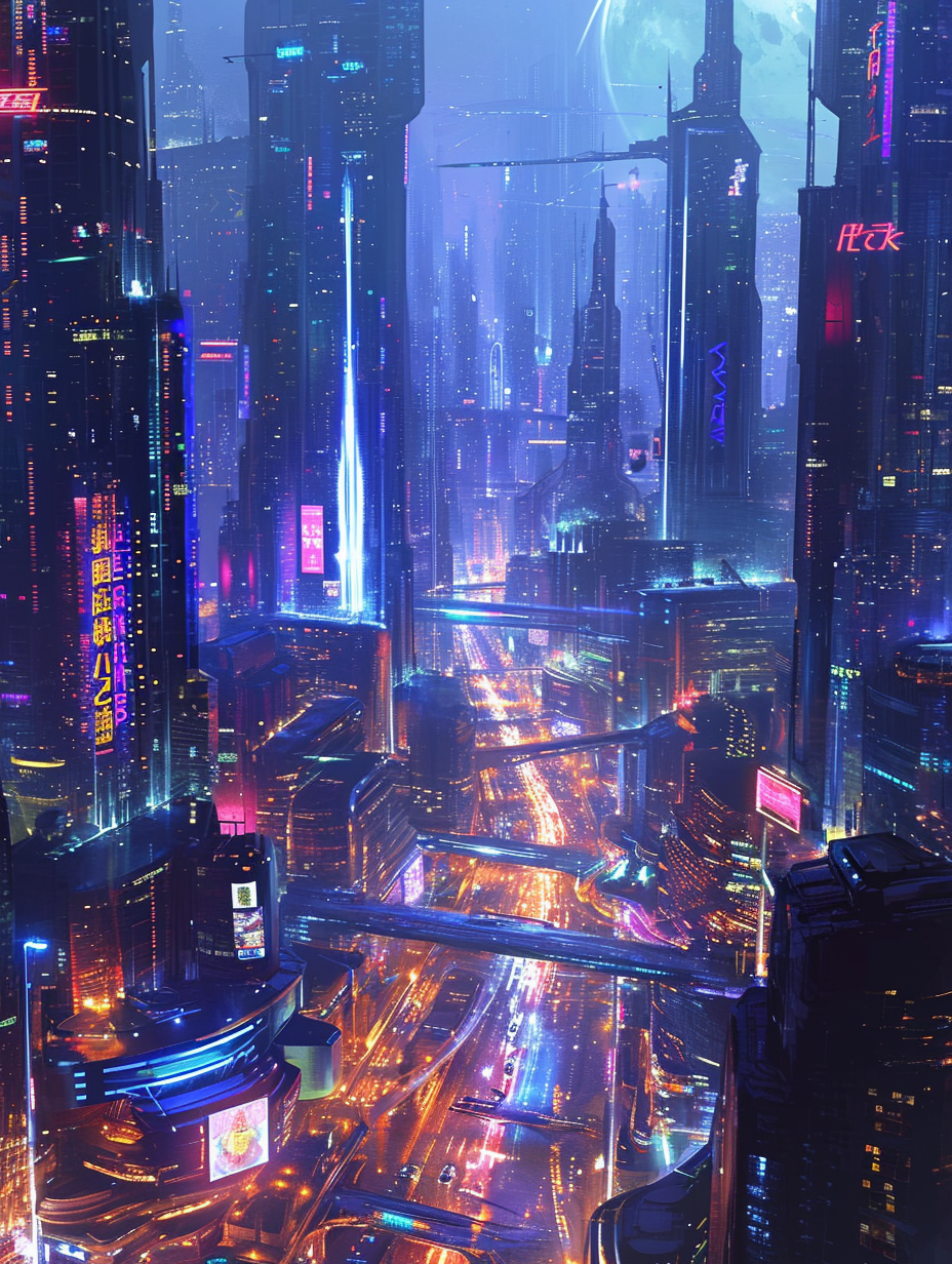 Futuristic city with skyscrapers, streets, and neon lights