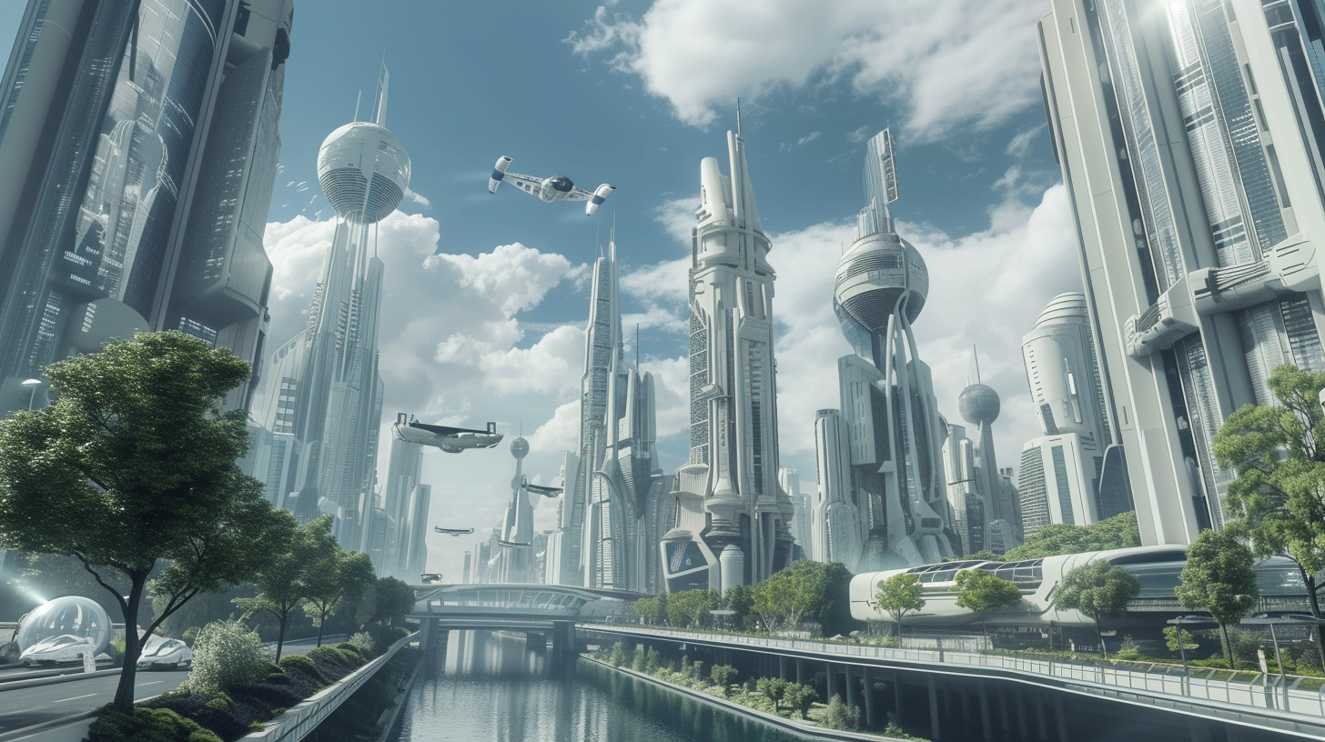 Futuristic city skyline with flying cars