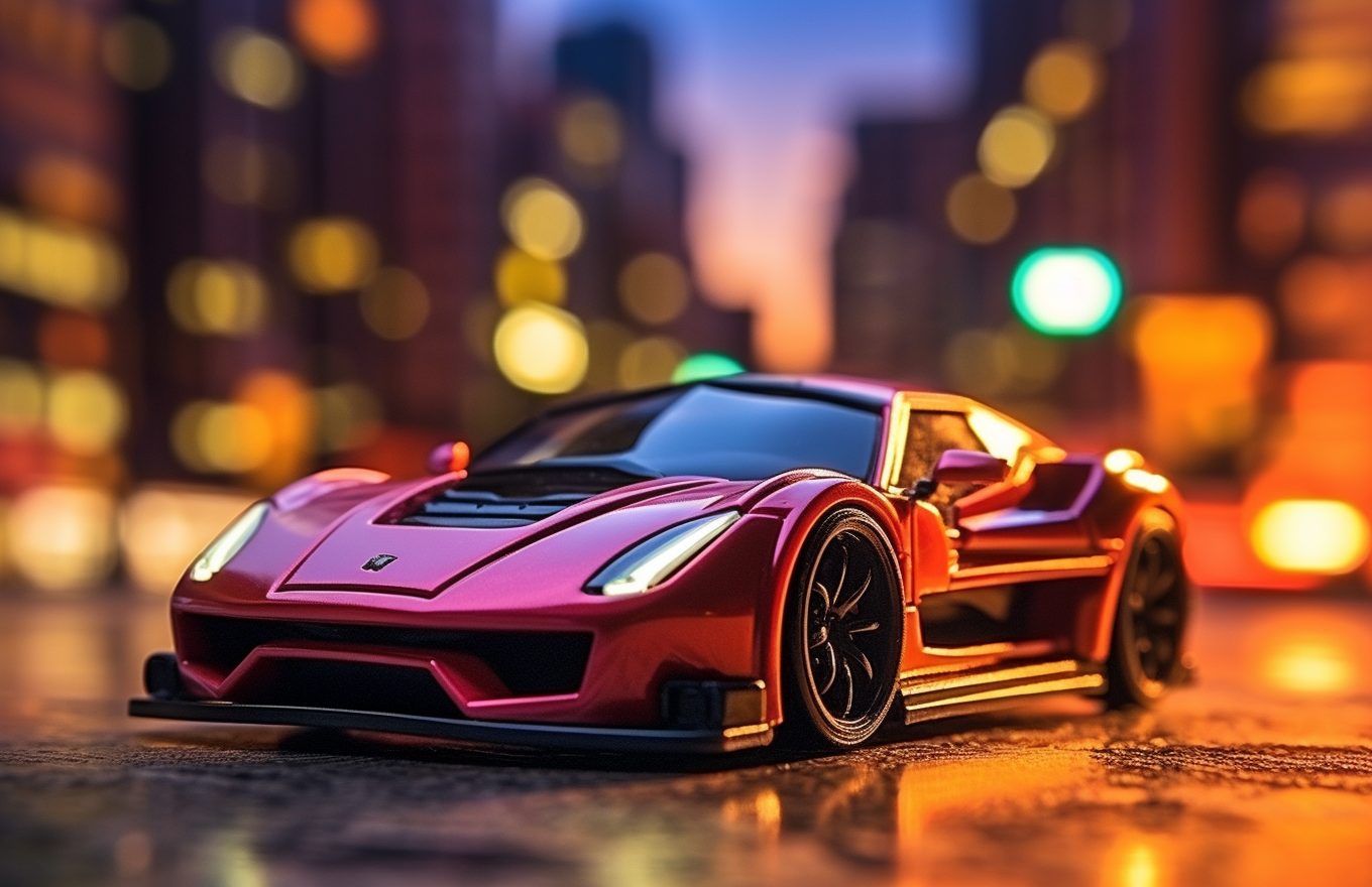 Toy Ferrari in Futuristic Cityscape