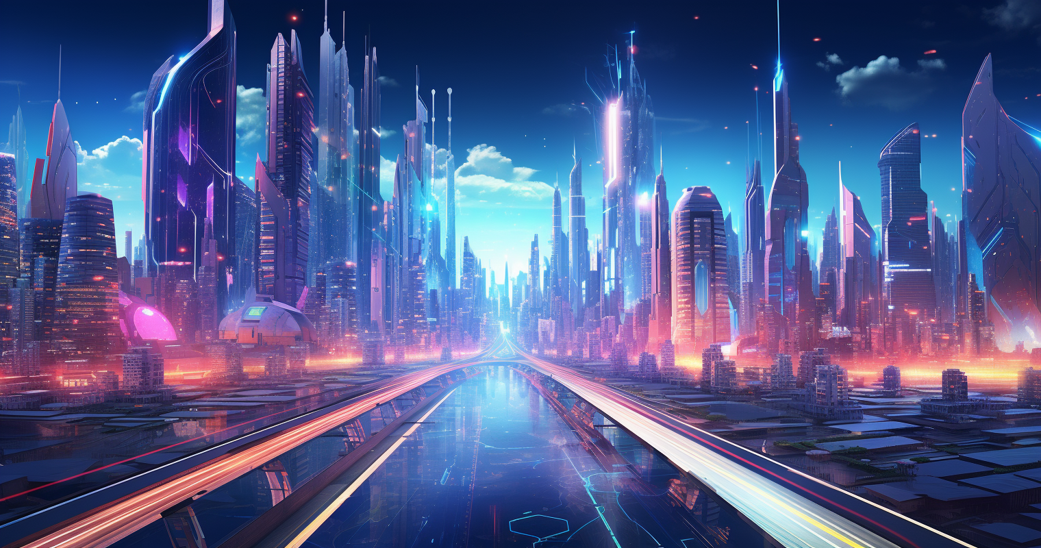 Futuristic cityscape with skyscrapers and flying vehicles