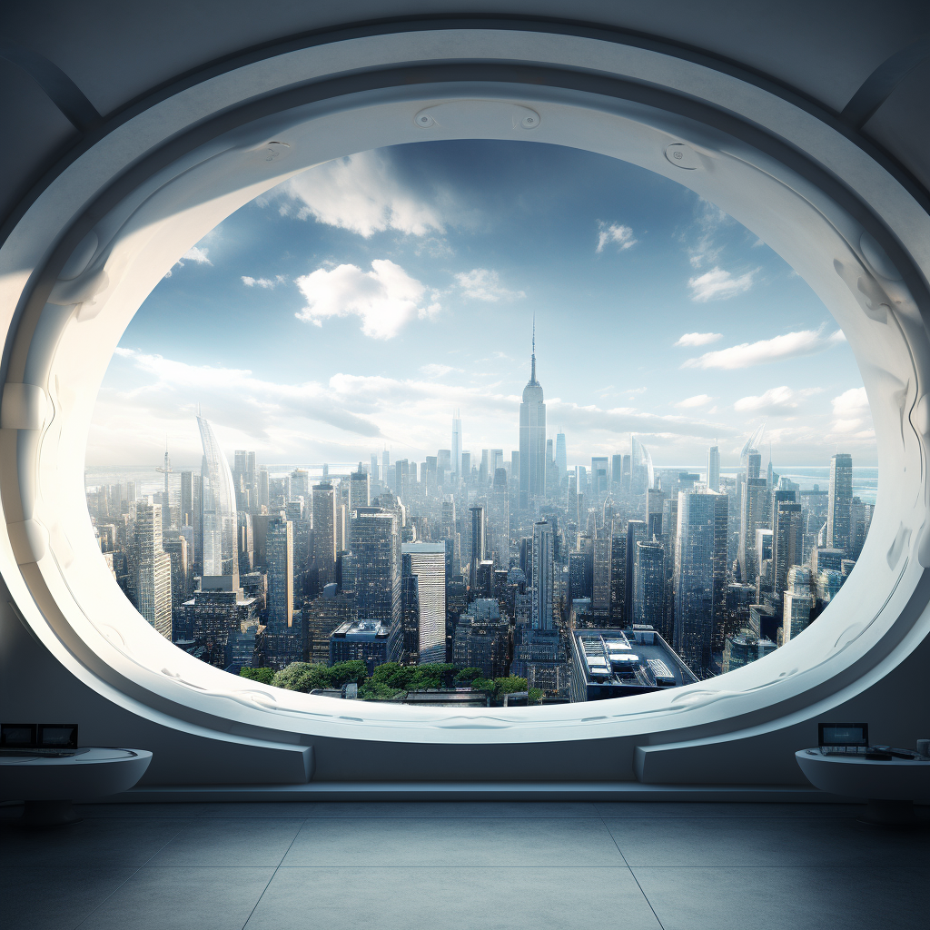 Futuristic cityscape view from white building