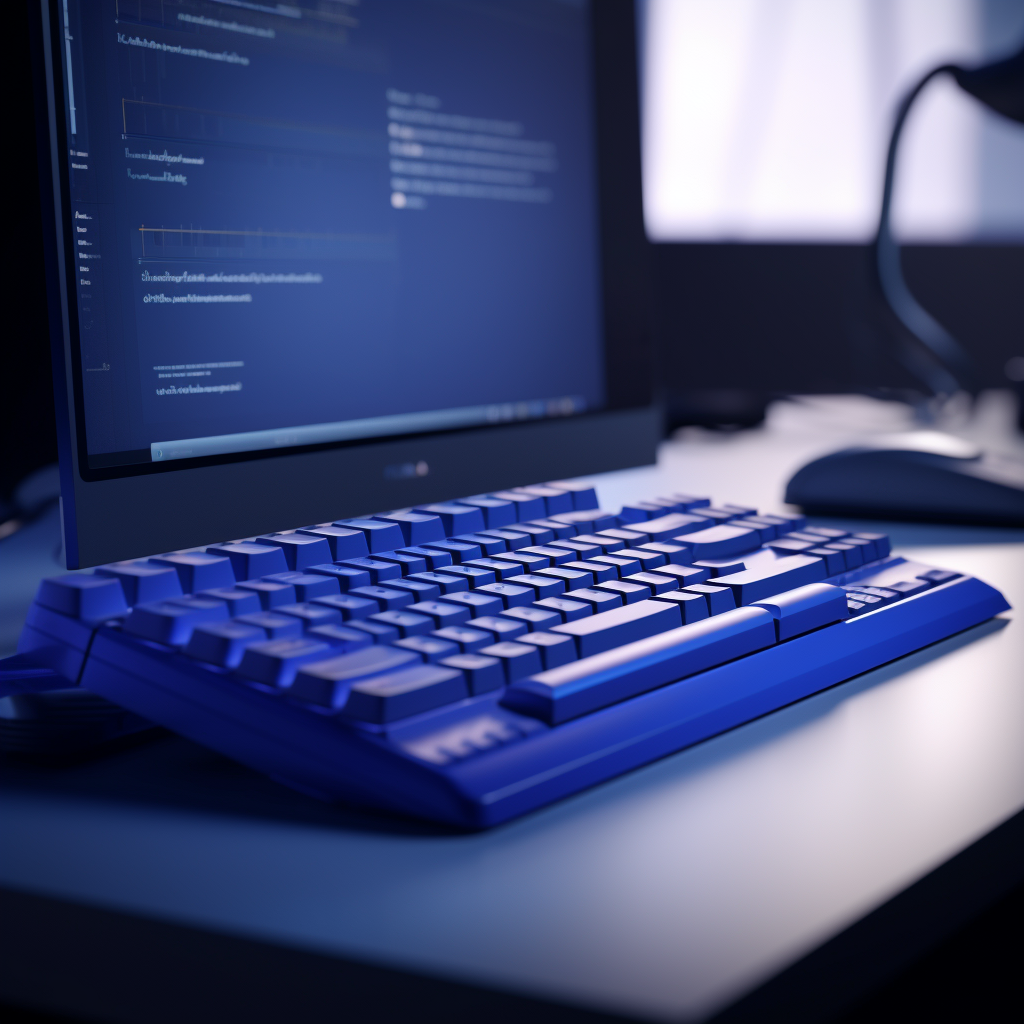 Futuristic cobalt blue robot typing on keyboard